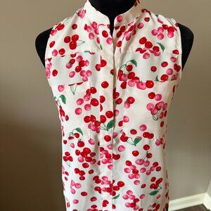 Ann Taylor Cherries Pink Red White  XSmall Sleeveless Blouse